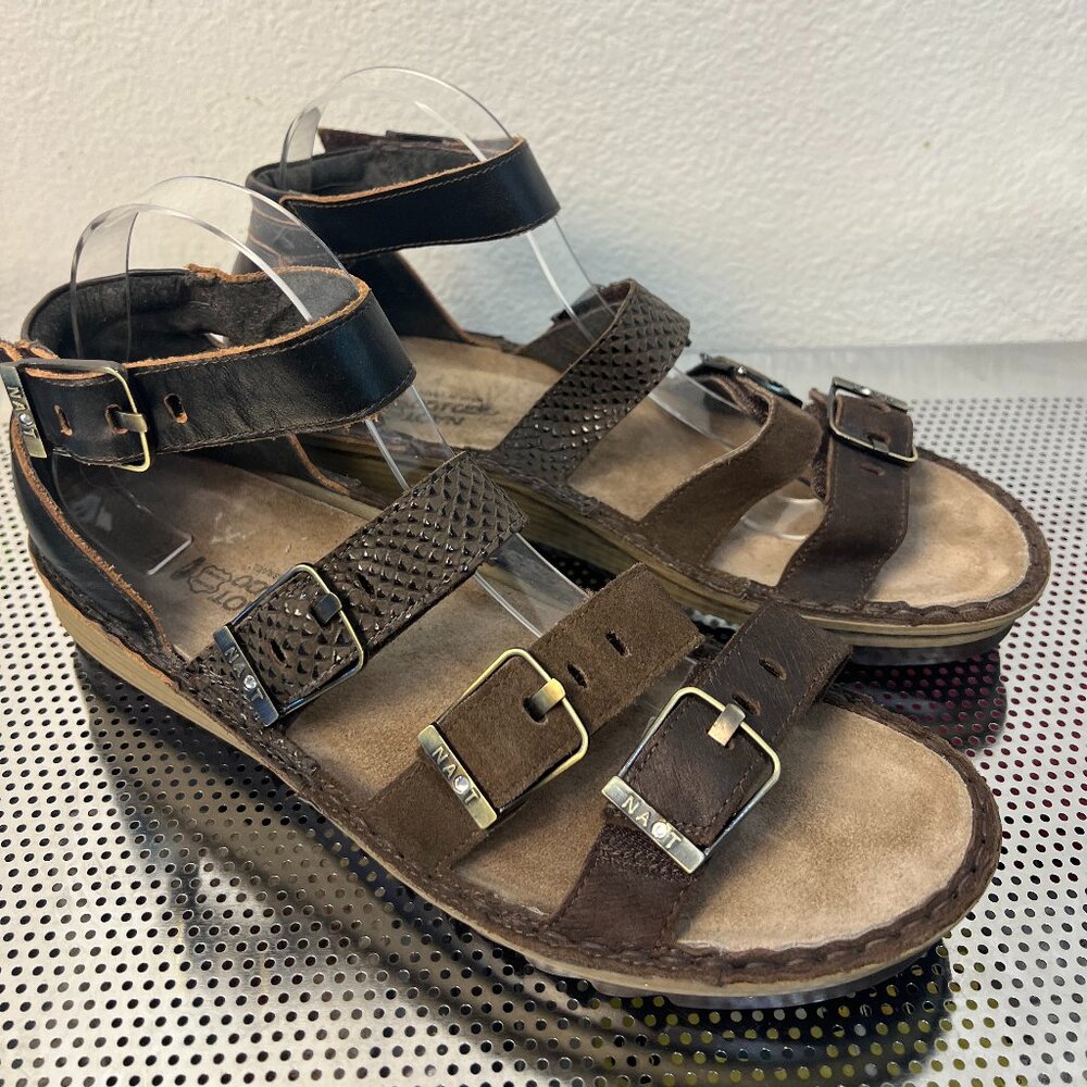 Naot Begonia Sandals Brown‎ Leather Ankle Strap Wedge Gladiator Shoes 11-11.5
